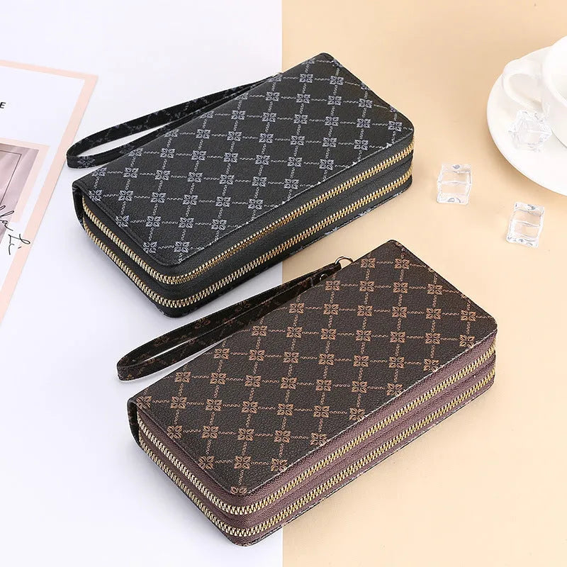 Black European retro style PU leather long wallet clutch open to show mobile phone pocket, coin purse, and zipper compartments