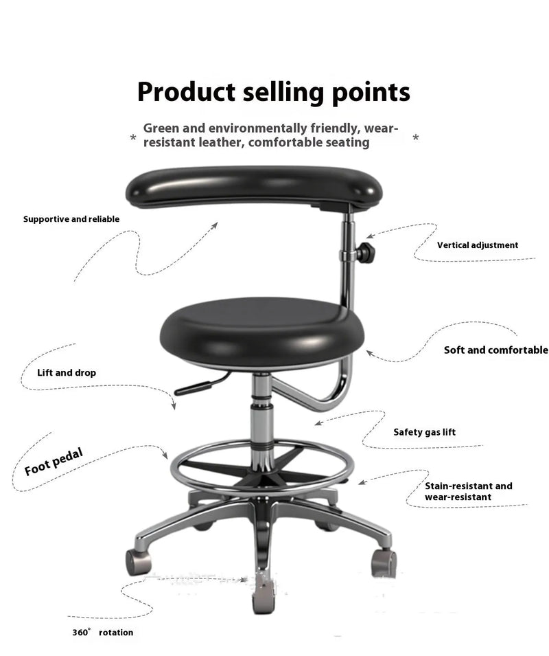 Dental Chair with Hydraulic Nurse Stool: A height-adjustable surgery chair with a 150kg load capacity and contoured leather seat for clinical procedures and patient comfort