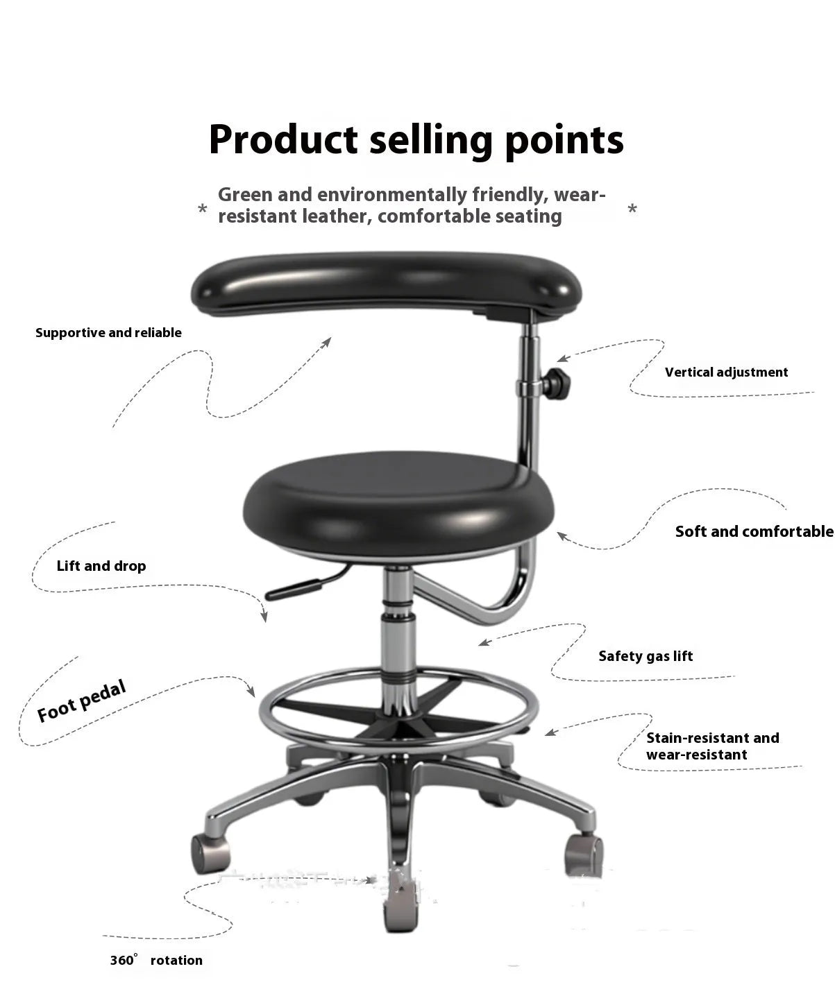 Black leather dental patient chair with hydraulic lift mechanism in a clinical setting