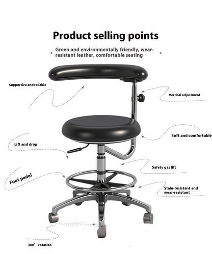 Black leather dental patient chair with hydraulic lift mechanism in a clinical setting