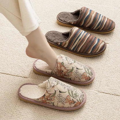 Warm winter linen-surface cotton household slippers in red flower colour with PVC sole.