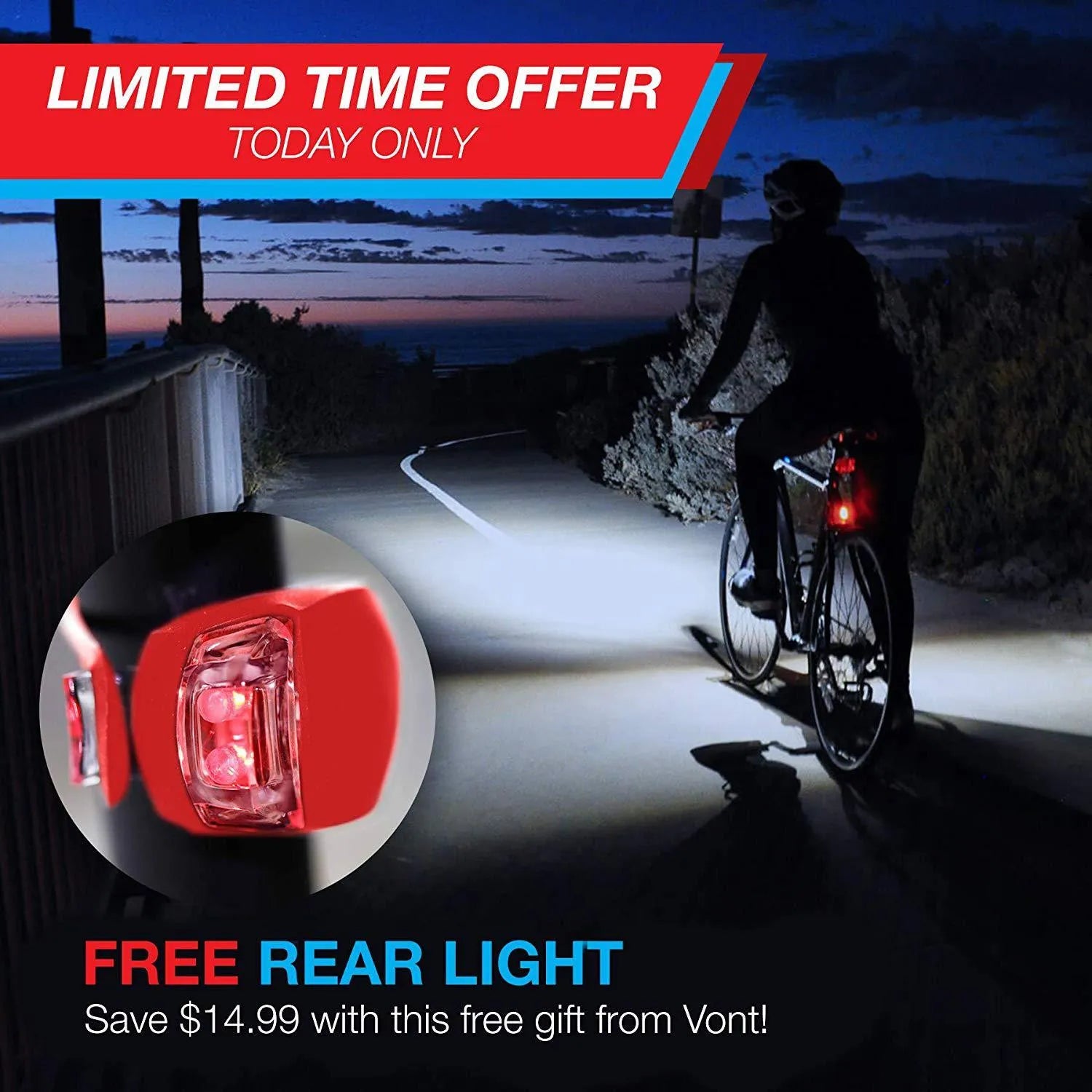 Bicycle front headlight and red rear taillight set with mounting brackets on a bike handlebar and seatpost.