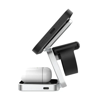 Silver foldable 3-in-1 wireless charging station for iPhone, Apple Watch and AirPods