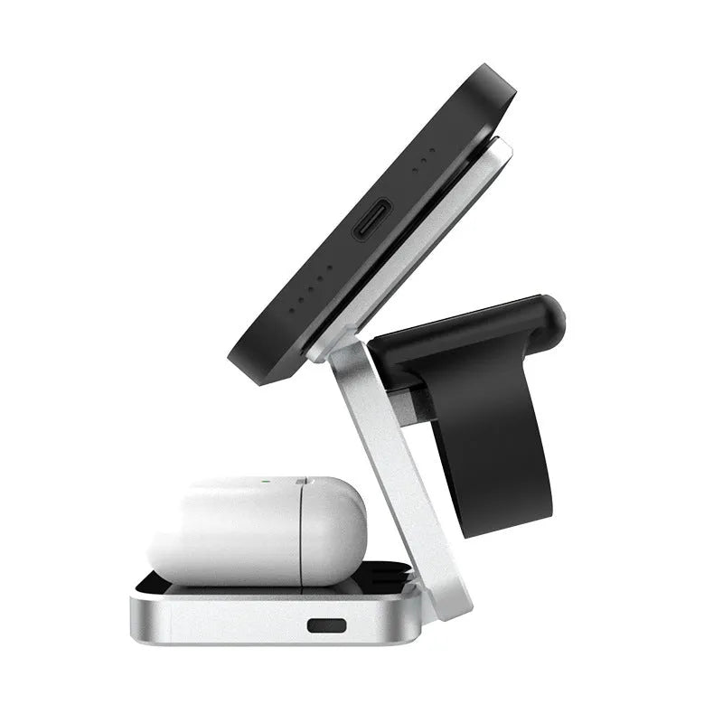 Foldable 3-in-1 wireless charger station for iPhone Apple Watch AirPods with magnetic charging pad and USB cable EU plug