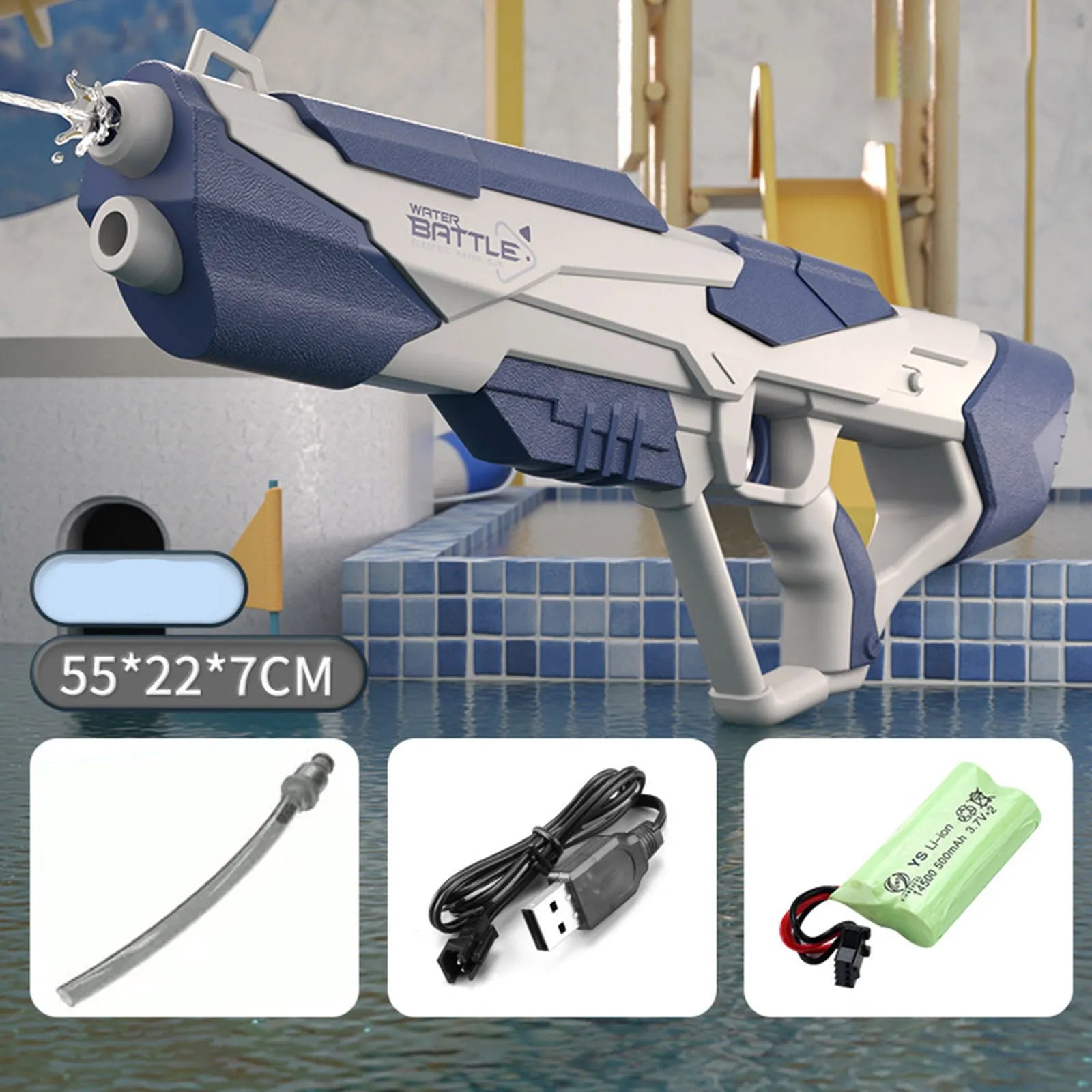 Blue electric water gun with anti-skid grip handle and USB charging port