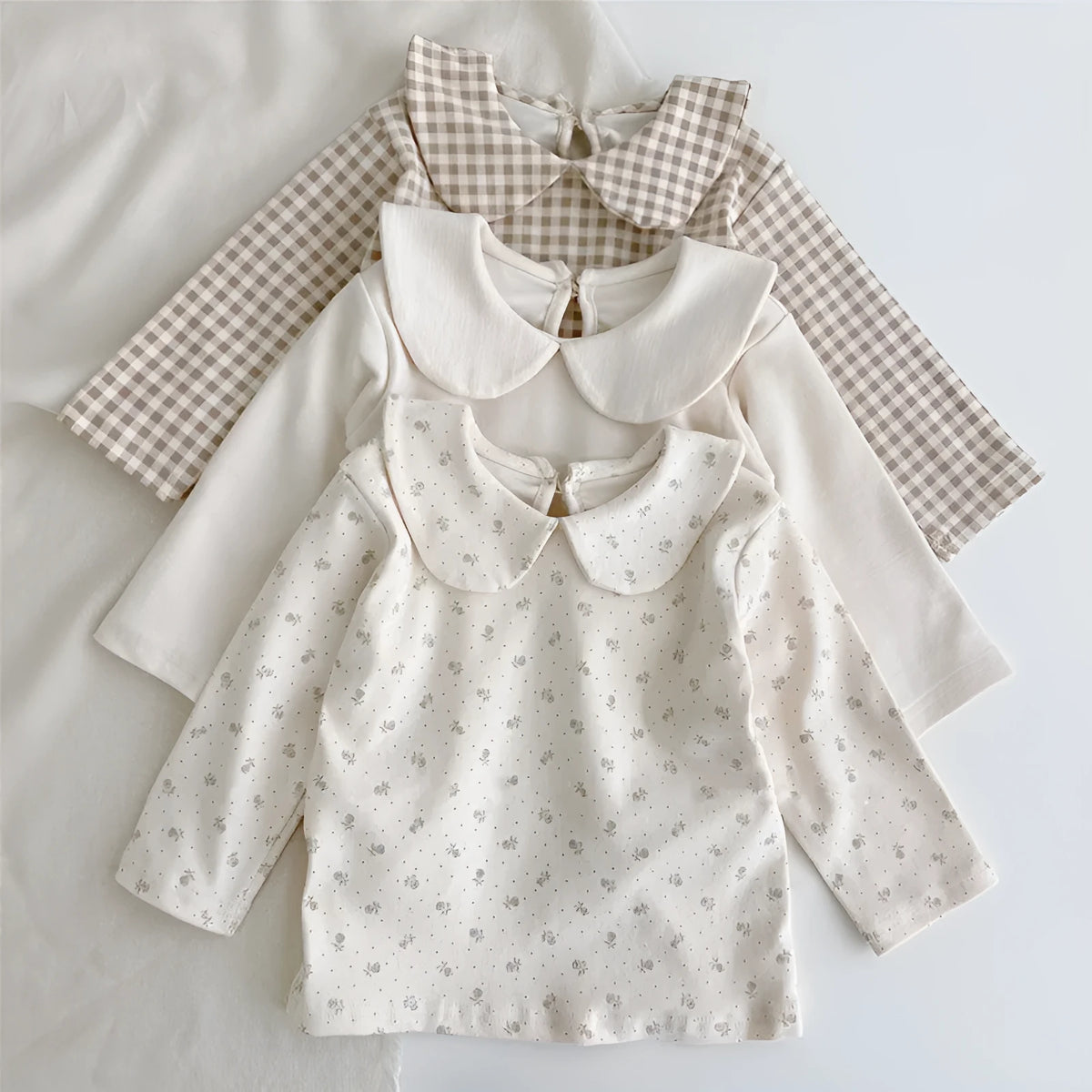 Baby girl long sleeve cotton top with lapel collar in plaid, Little Flower or white, sizes 66cm to 100cm