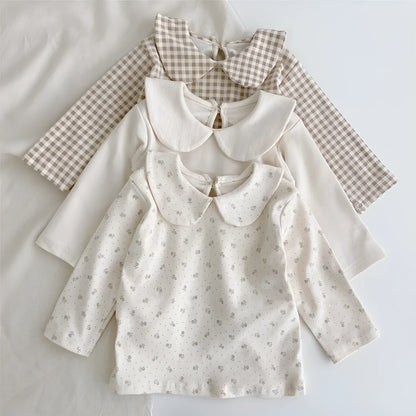 Baby girl long sleeve cotton top with lapel collar in plaid, Little Flower or white, sizes 66cm to 100cm