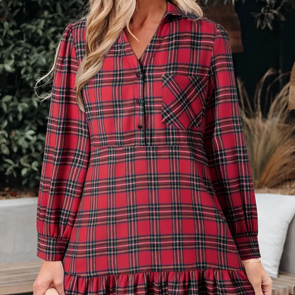 Red plaid mini dress with shirt collar, half buttons, long sleeves, and ruffle hem