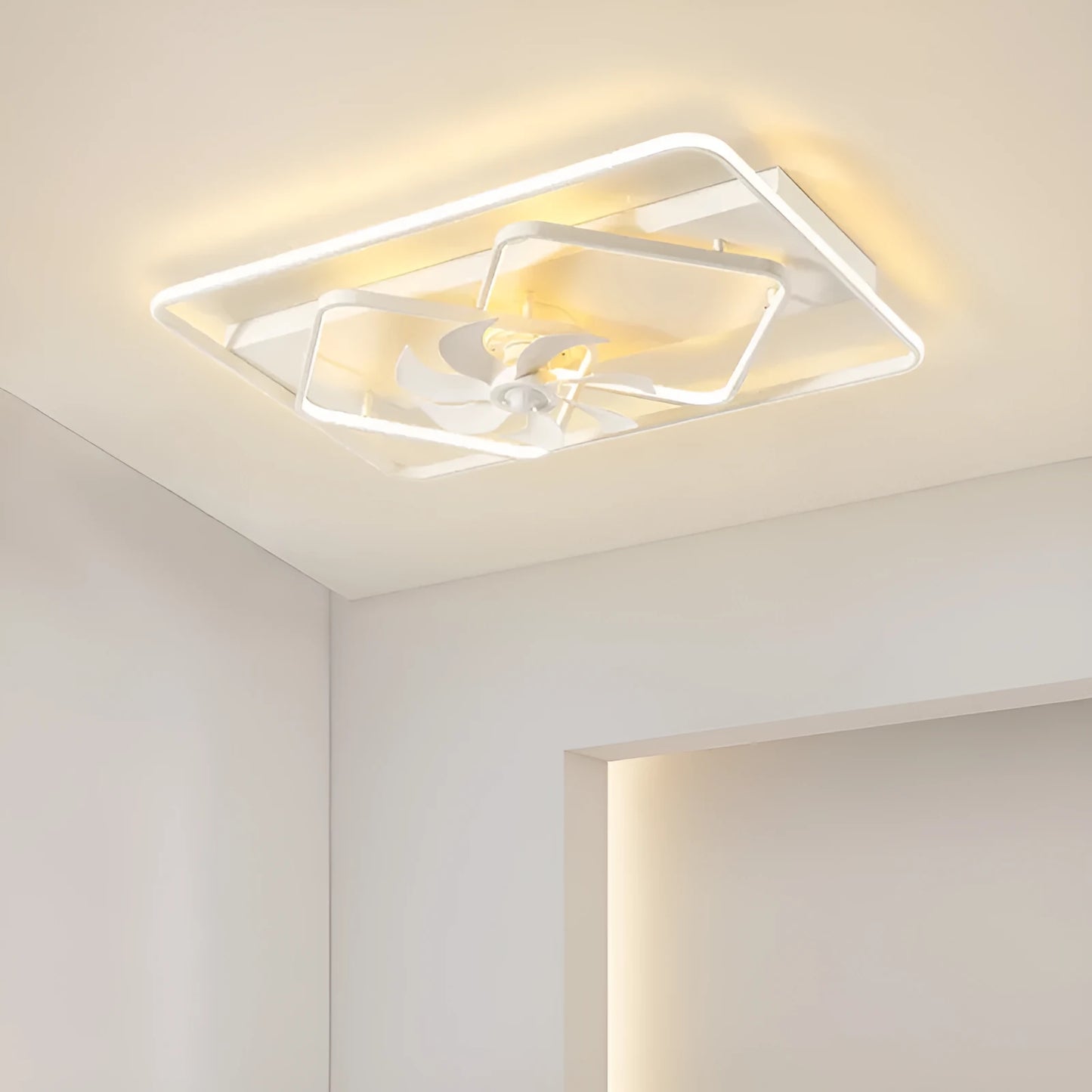 Modern ceiling fan lamp with light, 1100mm by 700mm, thin suction design, acrylic lampshade, in a bedroom setting