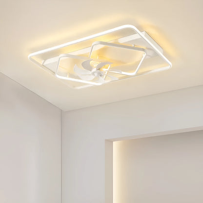 Modern ceiling fan lamp with light, 1100mm by 700mm, thin suction design, acrylic lampshade, in a bedroom setting