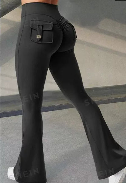 Women's high waist yoga flared pants with pockets and scrunch butt detail in black, brown, and green