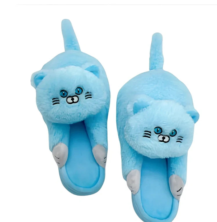 Blue cat pattern cotton slippers with 1.5cm heel and non-slip soles for UK sizes 35-43