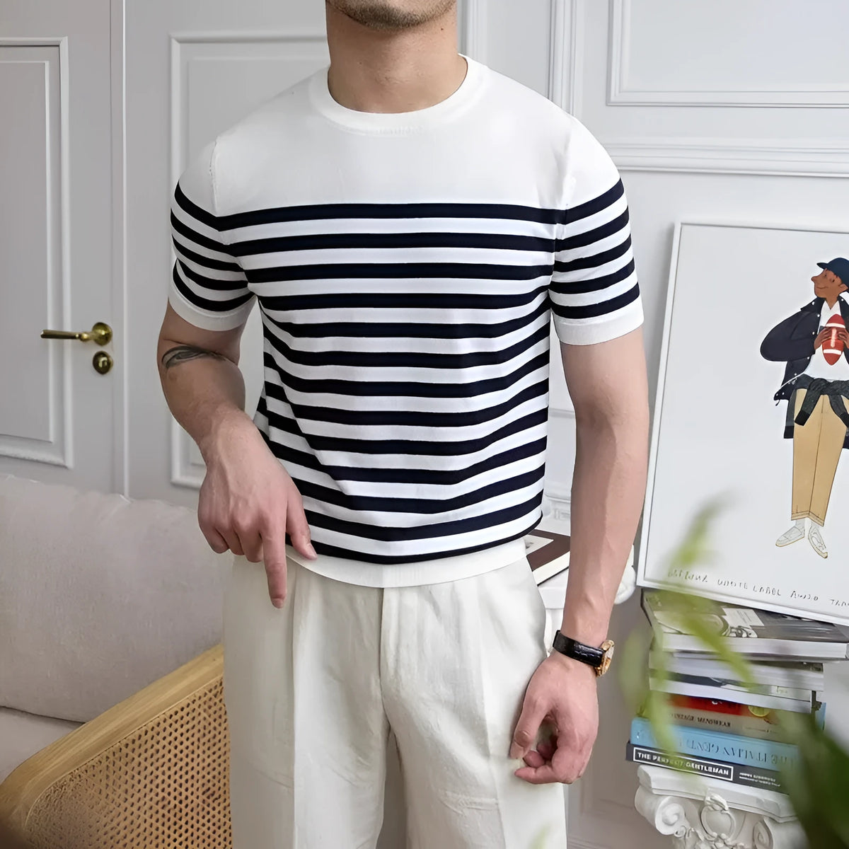 Men's striped short sleeve polyester T-shirt, pullover summer top, blue orange or white, sizes M to XXXL