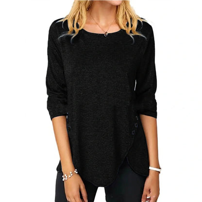 Oversized cotton T-shirt with unique irregular button hem design in various colours