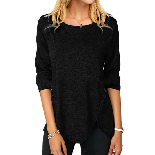 Oversized cotton T-shirt with unique irregular button hem design in various colours