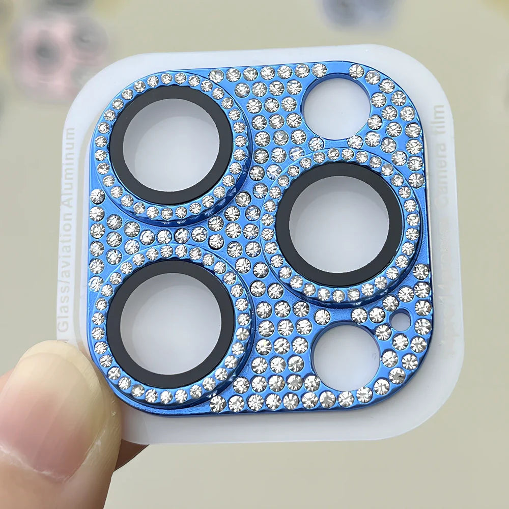 Diamond-embedded iPhone lens protector with 9H hardness showing black colour option on iPhone 15 Pro