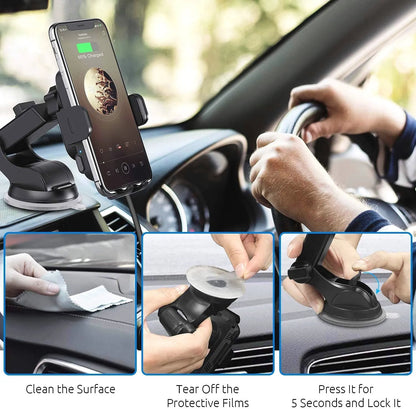 Black bare metal car wireless charging stand with 15W fast charging, shown with air vent clip and dashboard tripod.