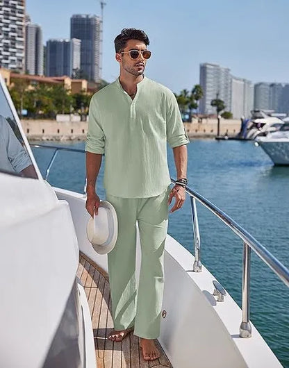 Men's casual cotton suit in a solid colour, featuring a long sleeve top and full-length trousers.