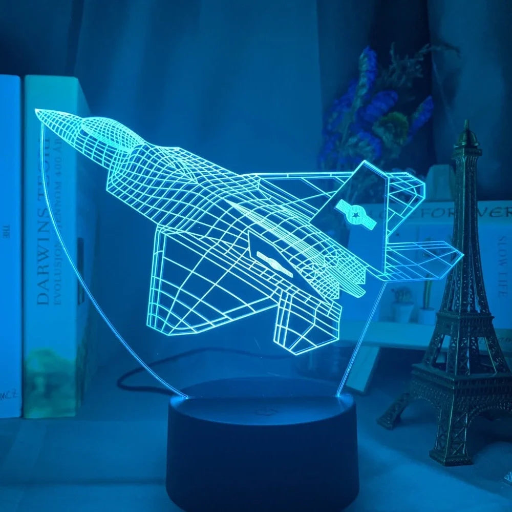 Custom 3D aeroplane hologram night light with personalised name, showing optical acrylic panel and ABS base