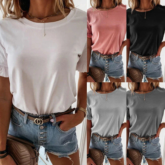Stylish women's casual top with round neck and short sleeves, featuring a delicate ruffle detail for a feminine touch.