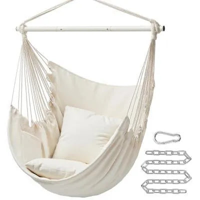 Folding outdoor tassel hammock in beige with canvas seat, cushion, and three-section iron pipe