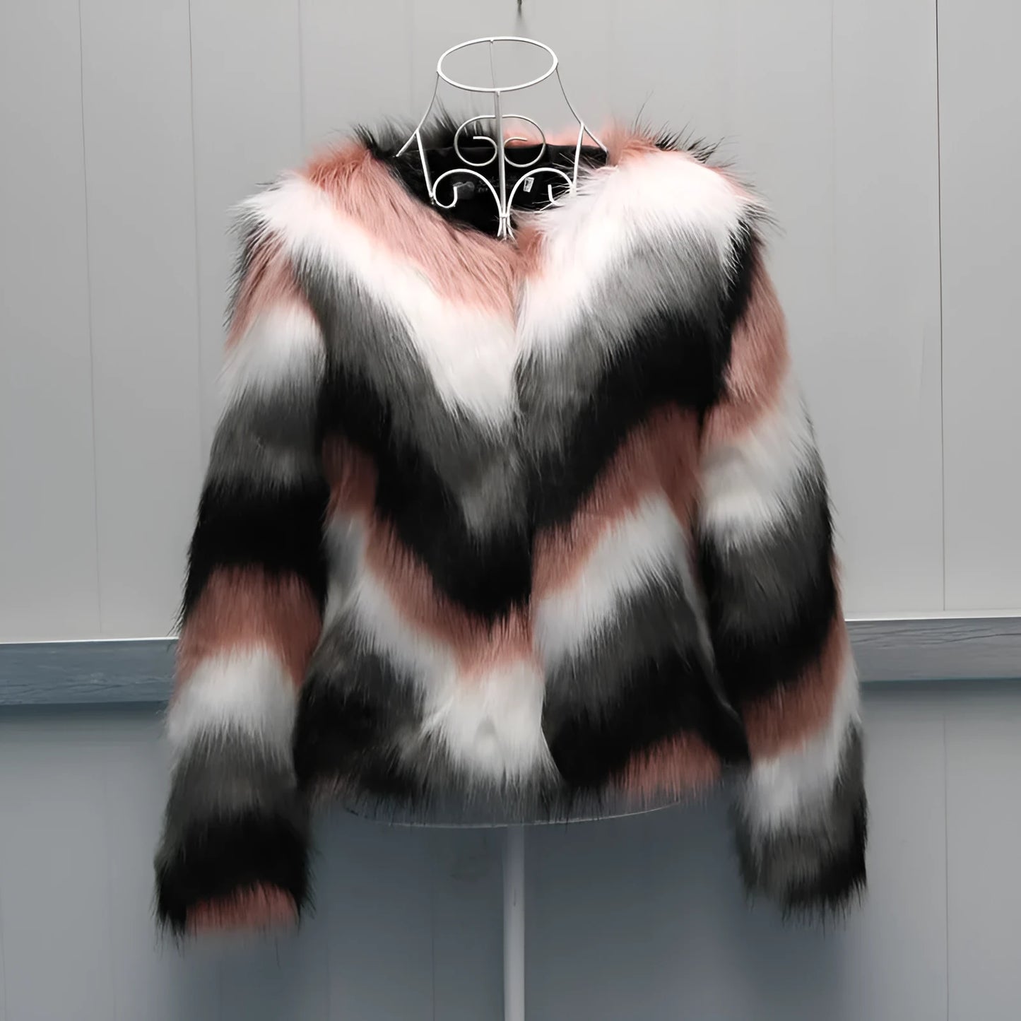 Korean style faux fur short coat with O-neck and long sleeves in picture colour
