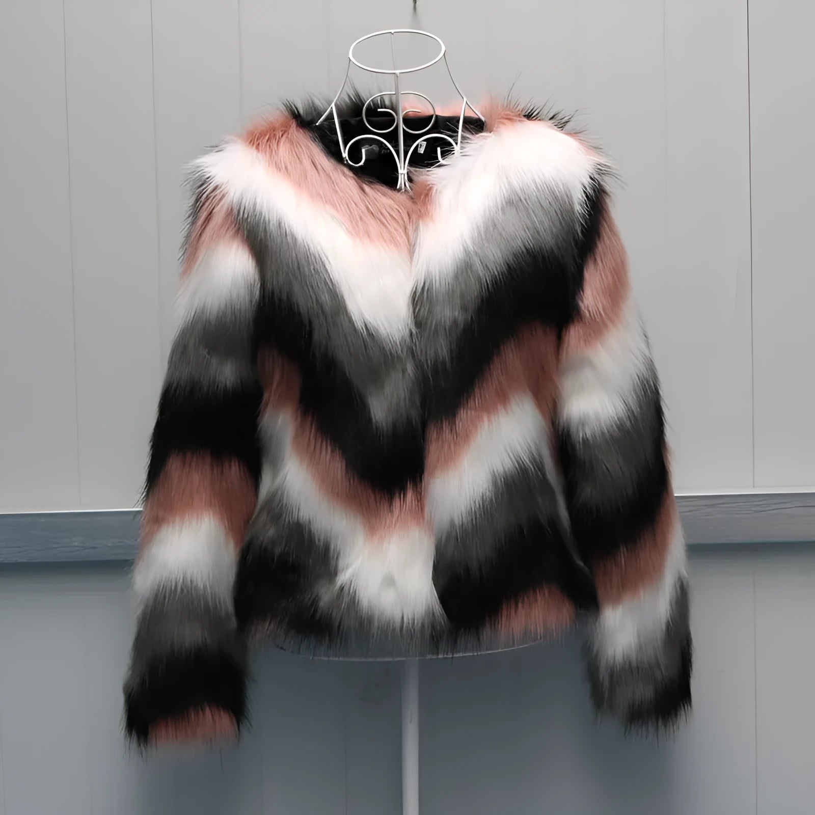 Korean style faux fur short coat with O-neck and long sleeves in picture colour