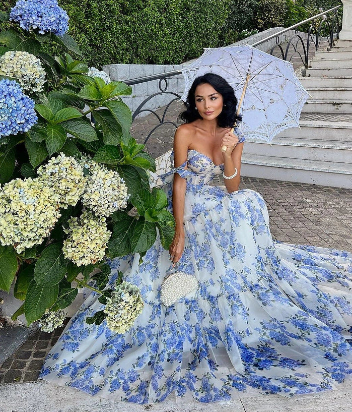 Floral off-the-shoulder organza dress with lace-up detail in a stunning blue hue