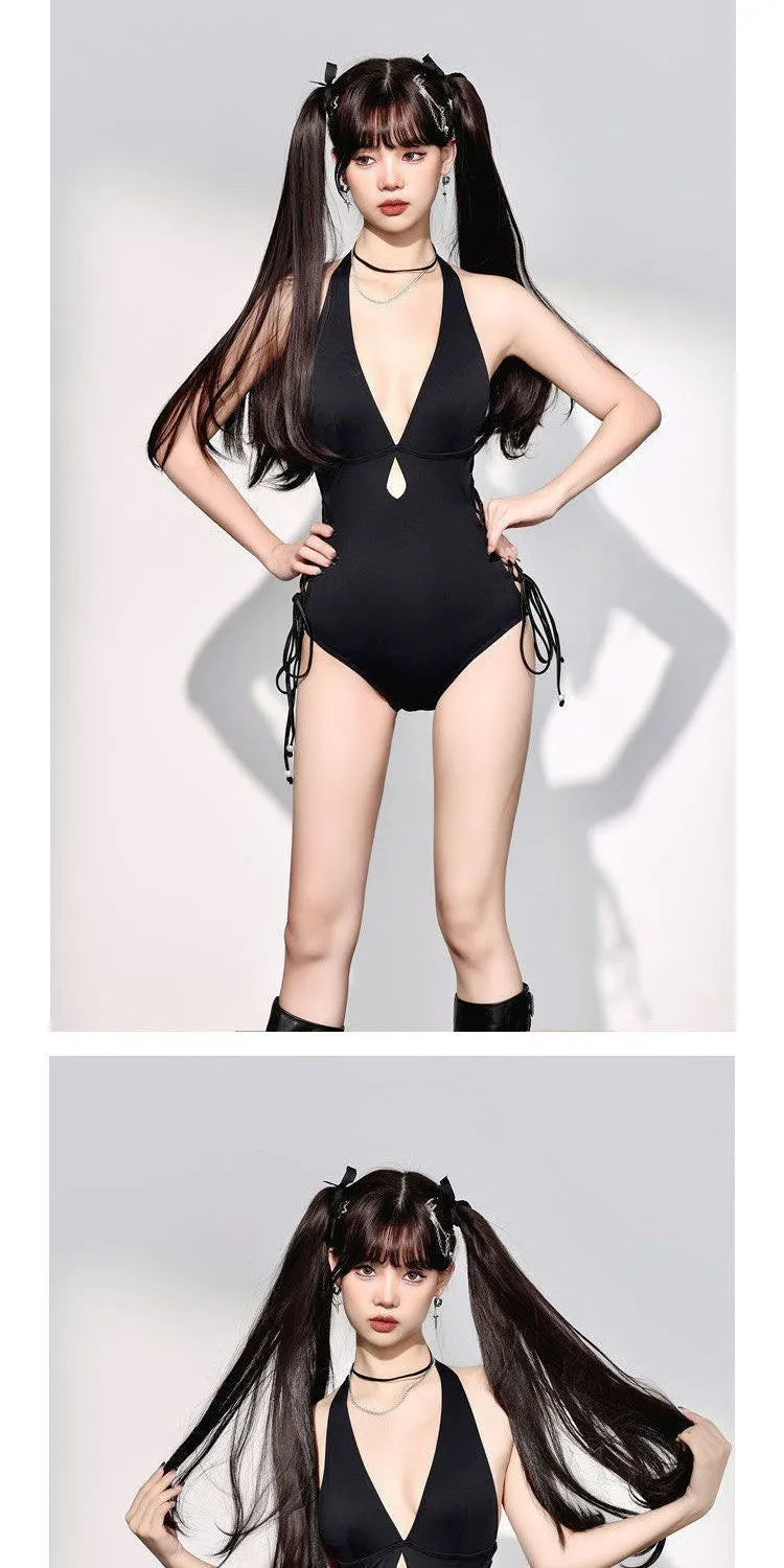 Black women's one-piece swimsuit with V-neck and hollow strap design.