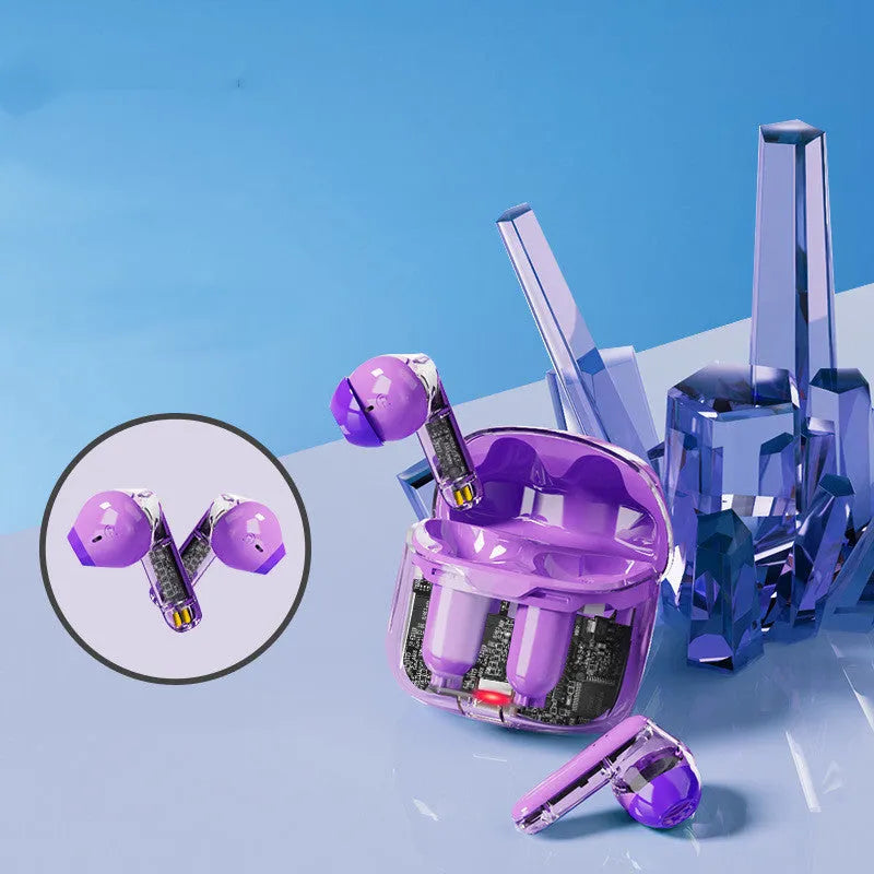 Transparent plastic wireless Bluetooth headset in black, white, or purple colours.