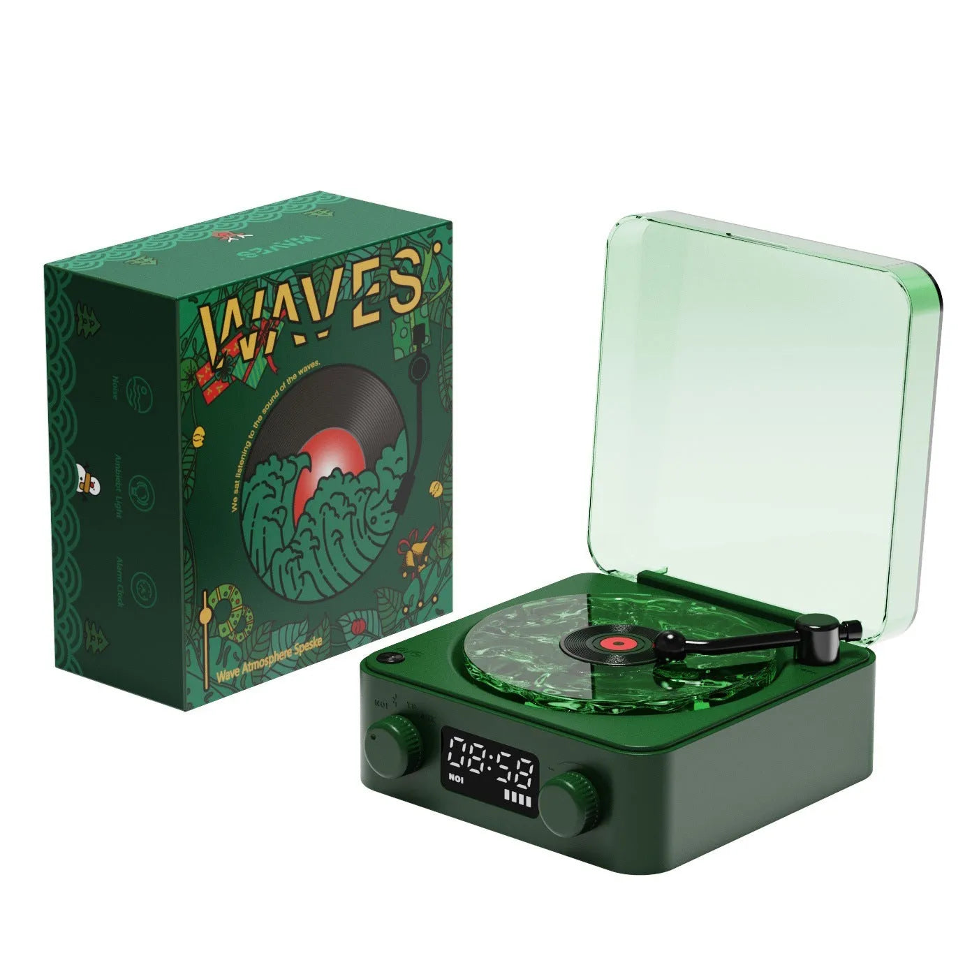 Retro-style turntable Bluetooth speaker with glowing RGB light projection on a wooden surface.