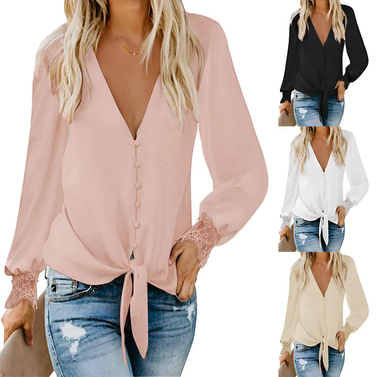 Women's loose-fit V-neck long sleeve top with a lace-up detail at the hem in a solid colour.