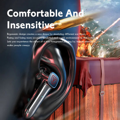 Minimalist wireless Bluetooth gaming headset with low latency and noise reduction features.