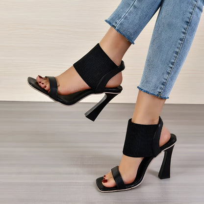 Women's high heel sandals with elastic strap in Black, Milky White, and Brown colours