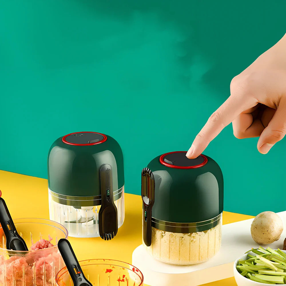 Blue electric garlic masher mini tool, 11.5 cm size, USB charging for quick household crushing