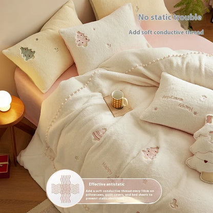 Winter Milk Fibre four-piece bedding set with Green Christmas Tree pattern on 100% cotton