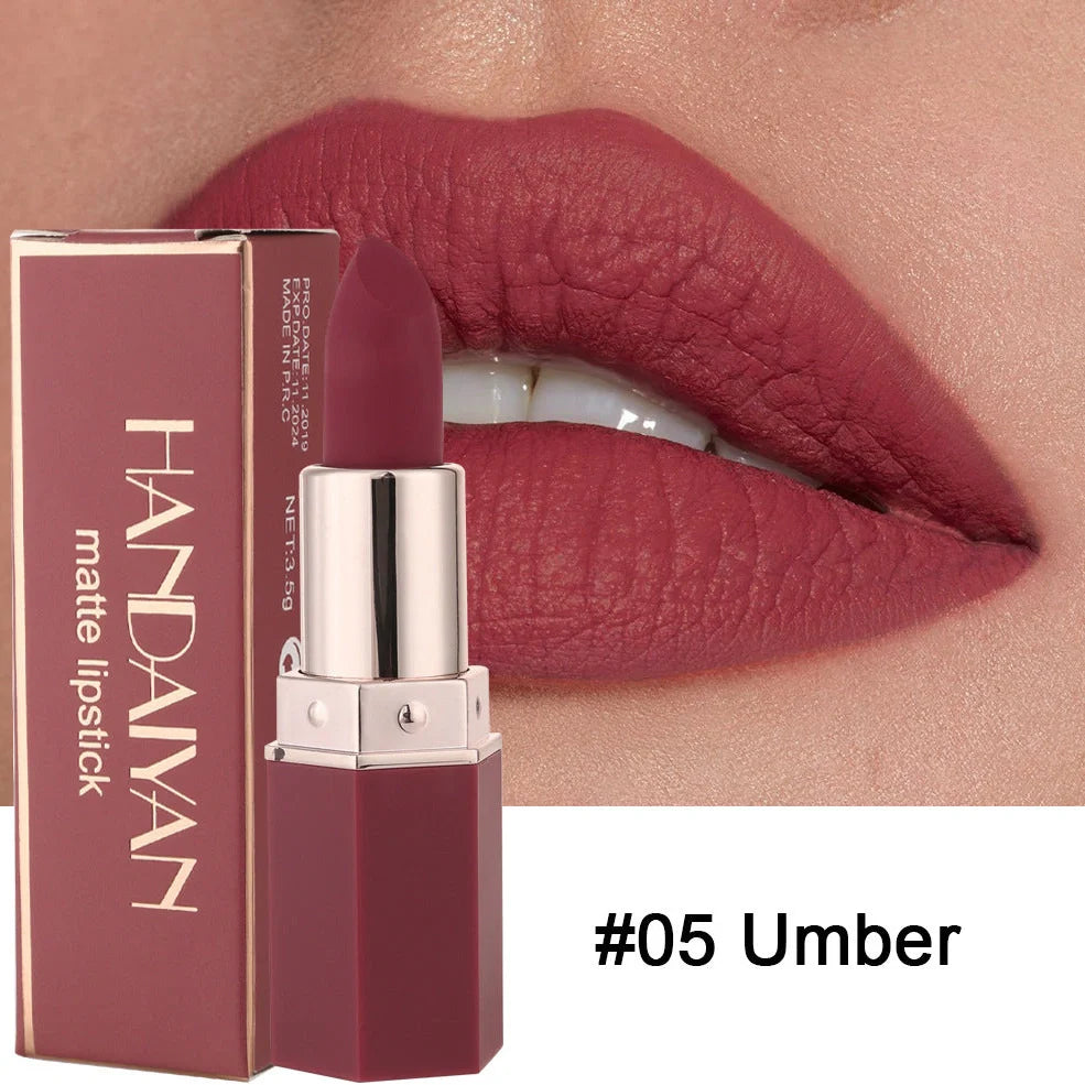 HANDAIYAN matte nourishing lipstick in six colours showing 3.5cm length and 1.2cm diameter bullet