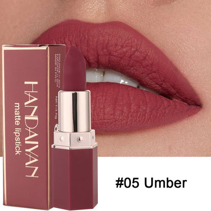 HANDAIYAN matte nourishing lipstick in six colours showing 3.5cm length and 1.2cm diameter bullet