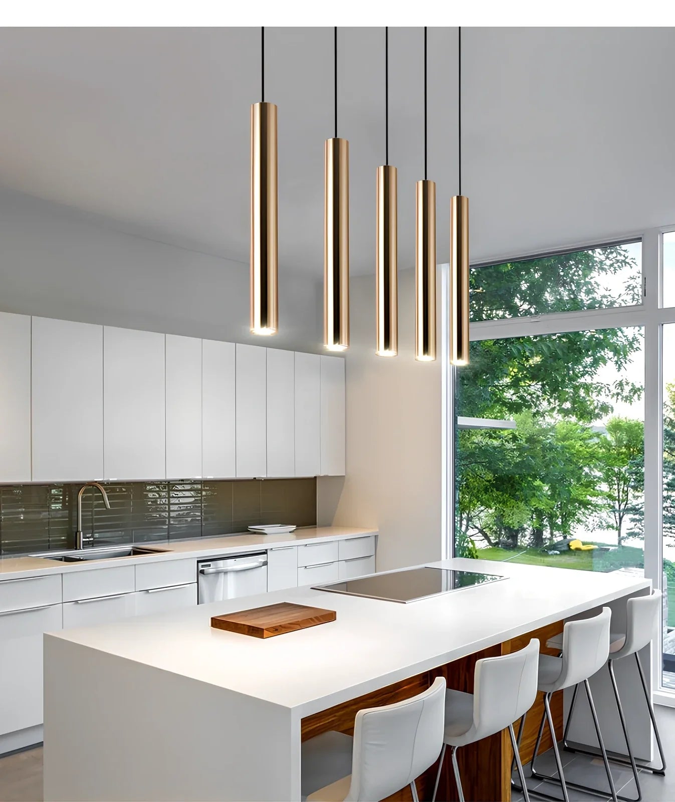 Gold cylindrical chandelier with iron construction and PMMA lampshade in multiple size options from 3.2x30cm to 6x80cm