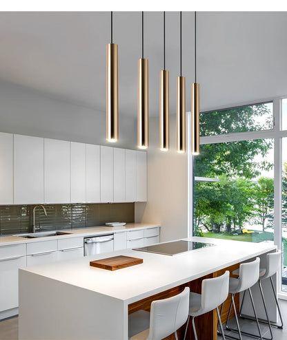 Gold cylindrical chandelier with iron construction and PMMA lampshade in multiple size options from 3.2x30cm to 6x80cm