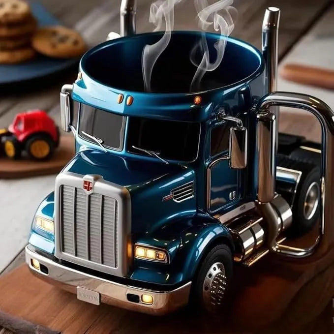 Resin semi-truck shaped coffee mug in orange colour with 11-ounce capacity