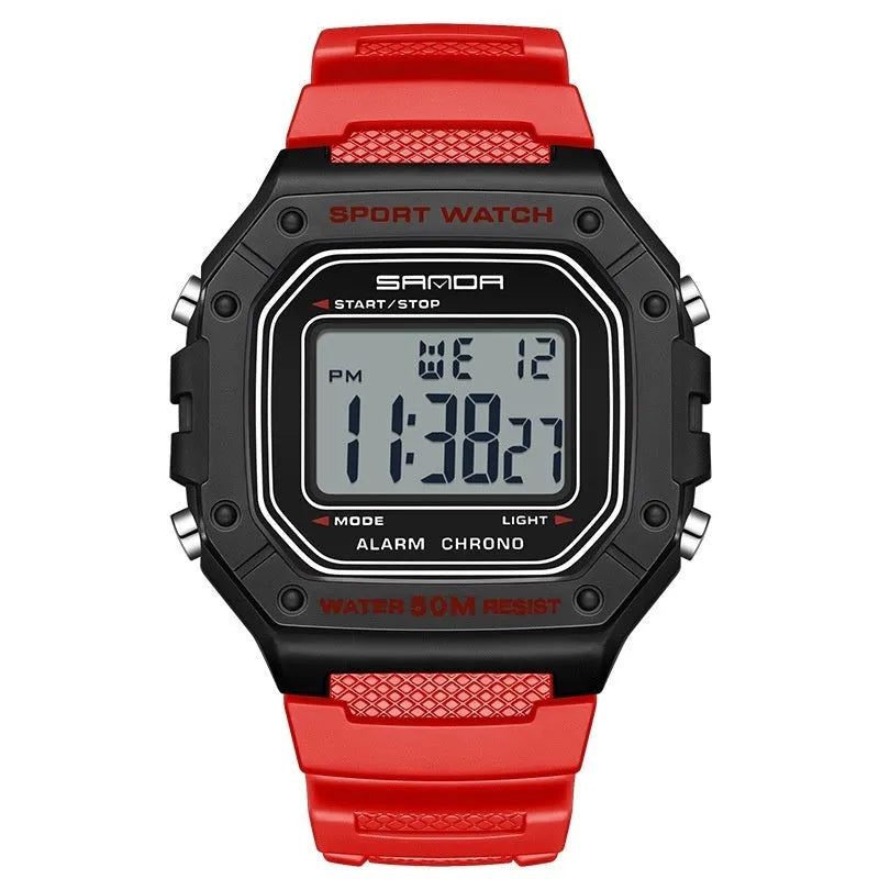 Waterproof electronic watch in multiple colour options including black, blue, green, white, and red combinations