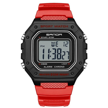 Waterproof electronic watch in multiple colour options including black, blue, green, white, and red combinations