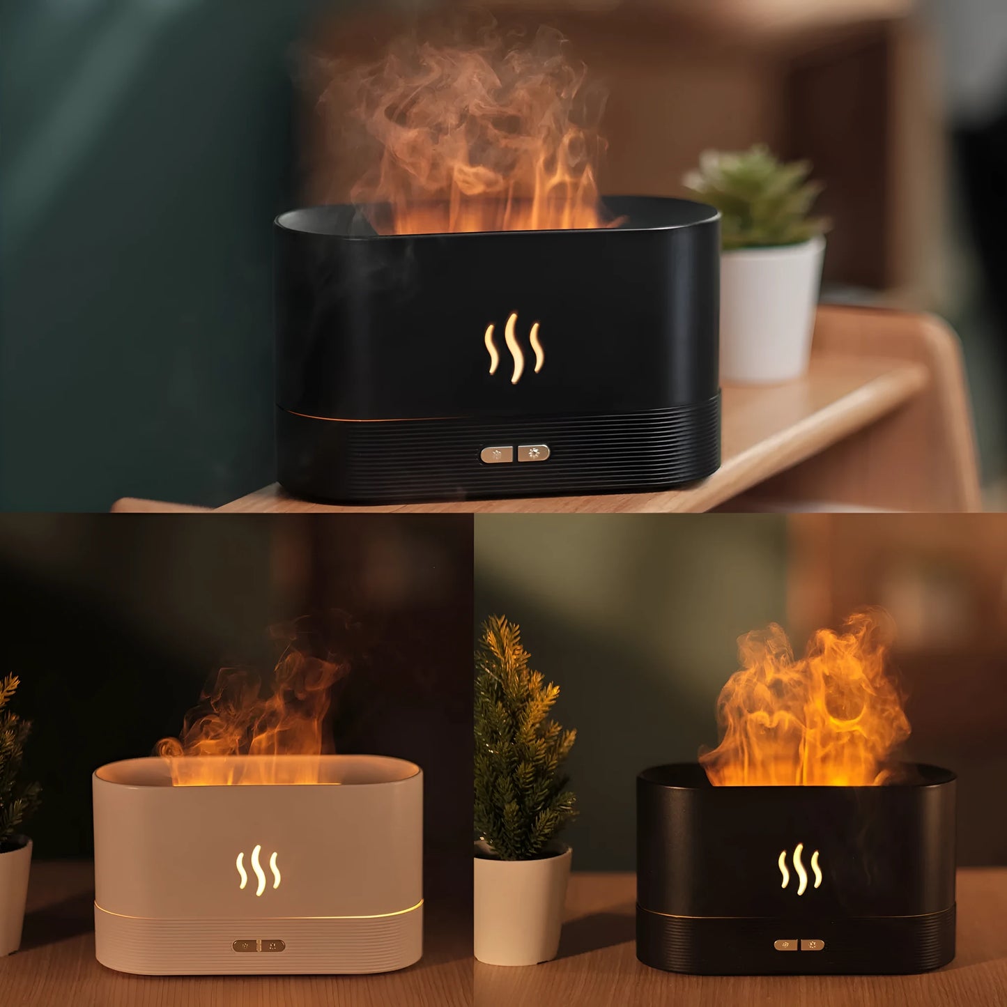 Black square ultrasonic aroma diffuser with flame light effect and mist output.