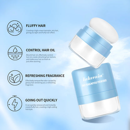 Blue, green, and red sachets of 5g disposable dry shampoo powder with a small mirror for bangs and roots.