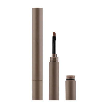 Double-headed eyebrow cream stick showing powder end and spoolie brush, with five colour shade options displayed.