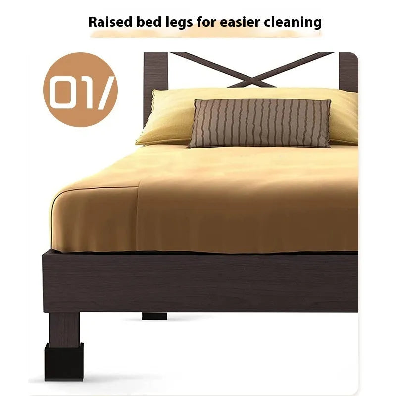 Four black plastic bed foot mats showing 2cm thickness and 10cm diameter for furniture levelling