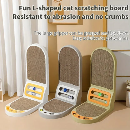 Grey L-shape cat scratching board with sisal surface, shown vertical against a wall.