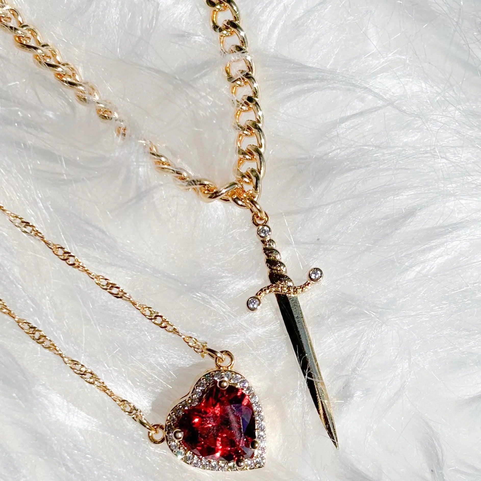 Gothic Punk Heart Dagger Couple Necklace with sparkling red rhinestones