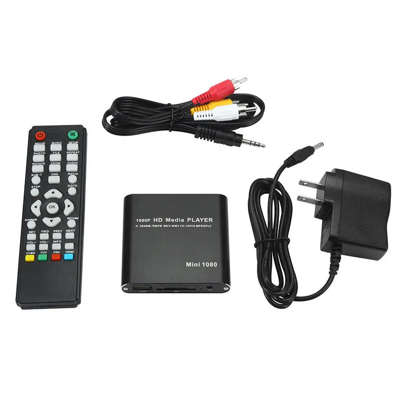 1080p Full HD media player in black metal case with SD card slot, USB port and HDMI output
